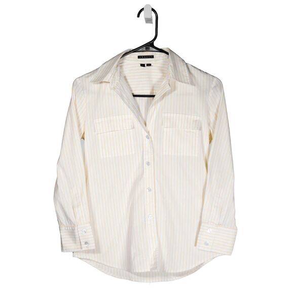 Theory Women's Shirt Button Up White Yellow Striped Stretch Pockets Blouse Top P - Picture 1 of 9